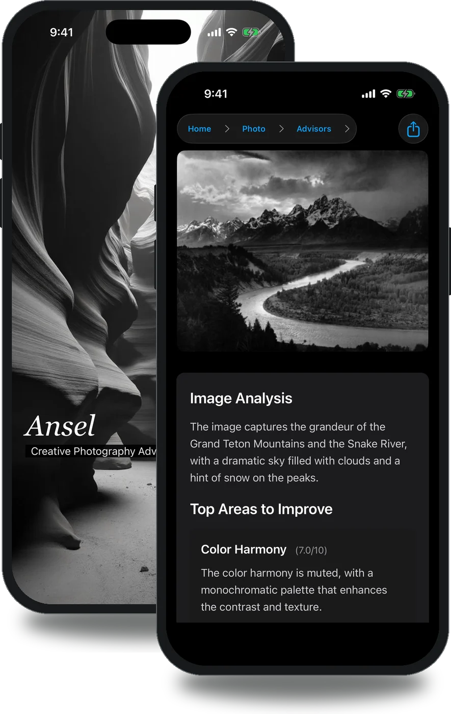Ansel on two iPhones: the slot-canyon splash screen and a photo critique with areas to improve