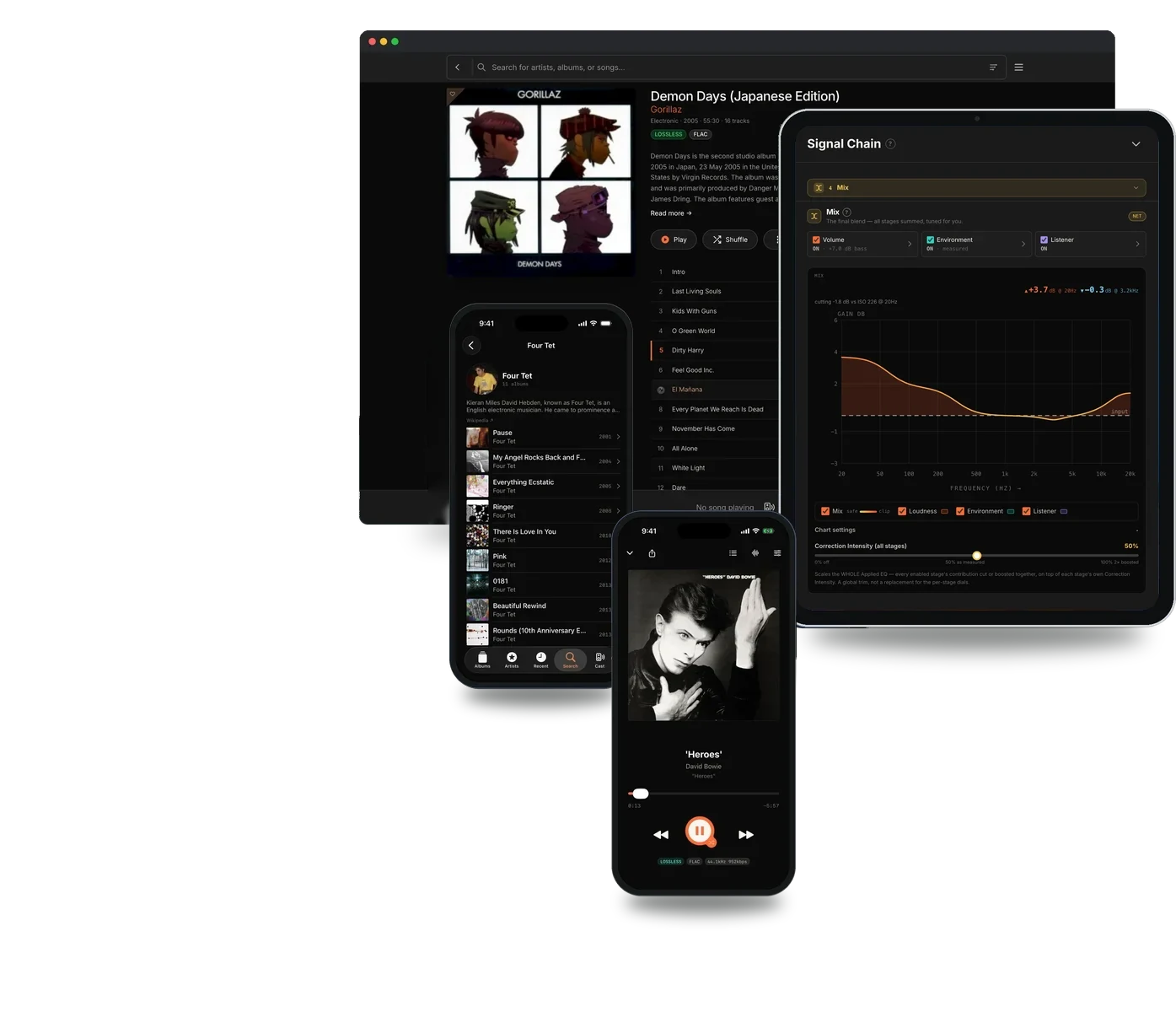 AudioFly on the web, two iPhones, an iPad and a CarPlay in-dash screen: the Demon Days album page, the Four Tet artist page, Heroes by David Bowie playing, the Signal Chain loudness curves and the Ringer track list in CarPlay. Behind them, a wall TV plays the Studer tape-deck visualizer, and the AudioTap Mac app runs its Jasper visualizer.
