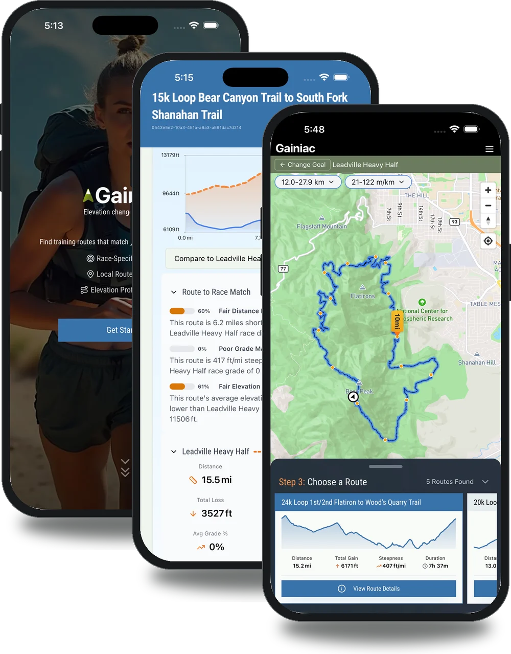 Gainiac on three iPhones: the welcome screen, a trail map with route matches, and a trail compared against a race's elevation profile