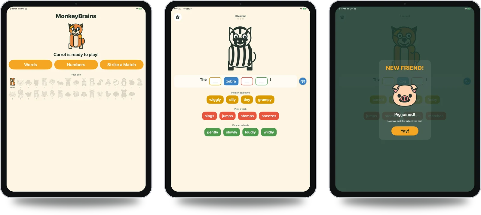 MonkeyBrains on three iPads: the home screen, a build-a-sentence reading question about a zebra with adjective, verb and adverb choices, and a new animal friend unlocking