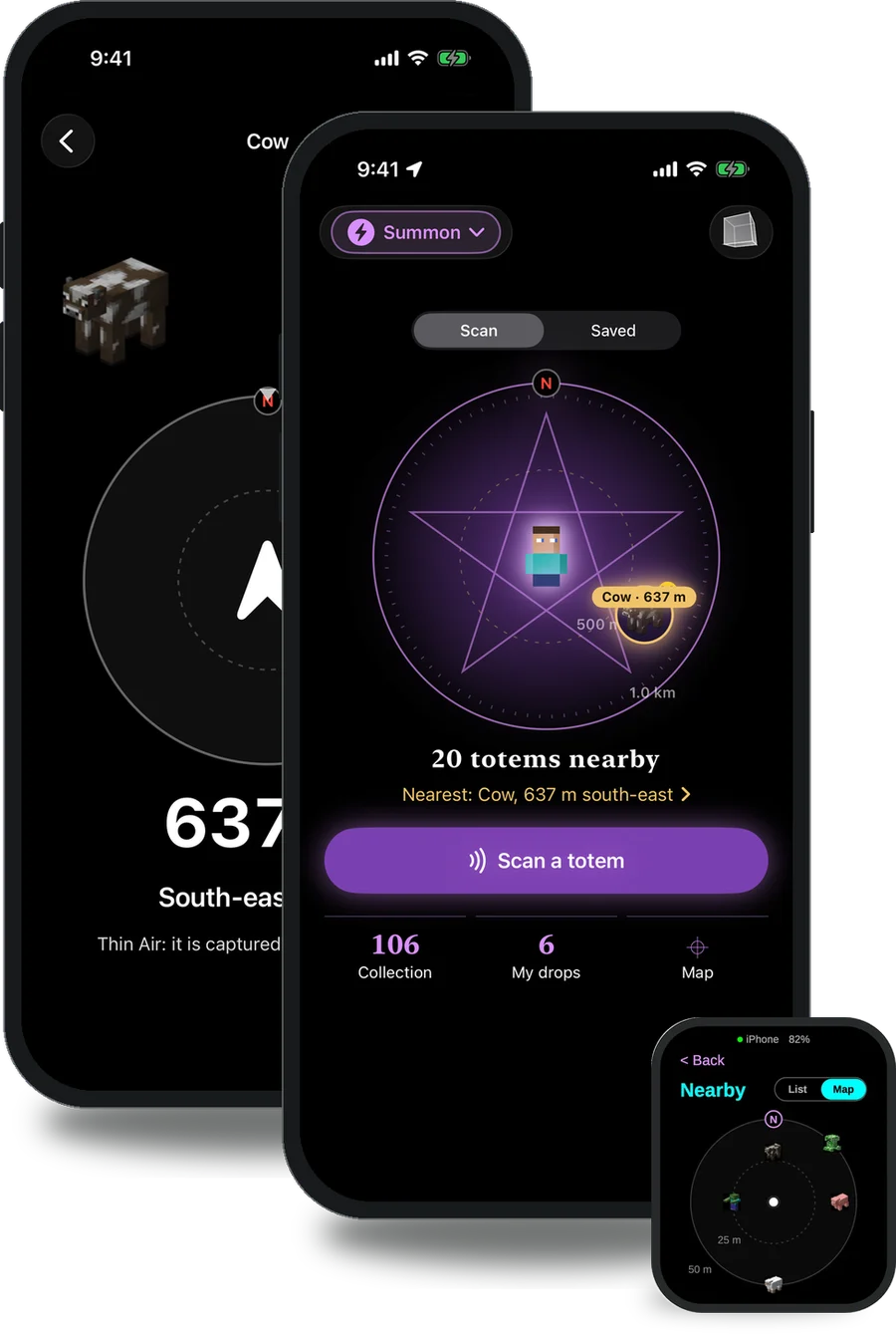 Summon on two iPhones and the watch: the pentagram summoning circle with 20 totems nearby, a cow hunt 637 metres away, and the watch radar